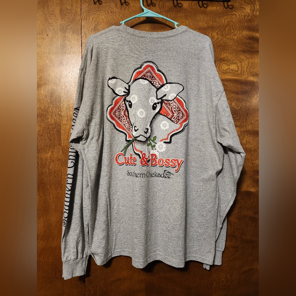 Heather Gray Long Sleeve Tee with Cow Graphic